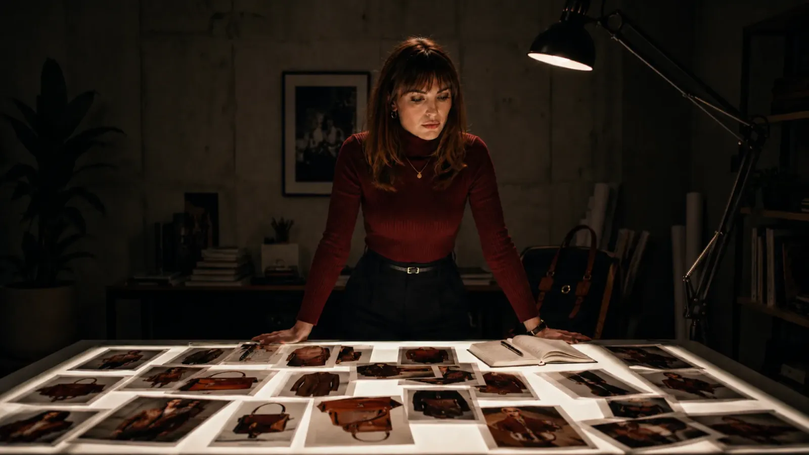 Arlessa reviewing product photos on a light table
